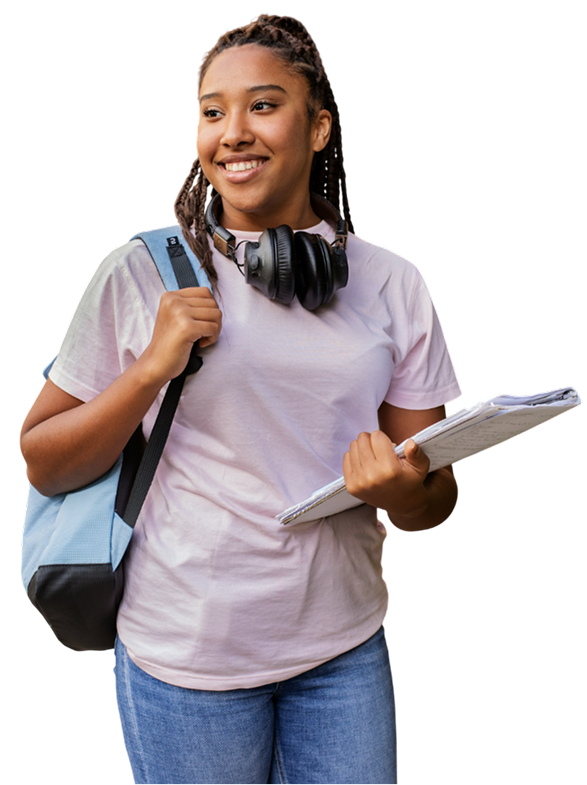 girl wearing headphones and carrying a backpack